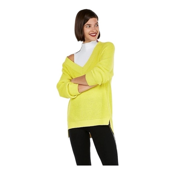 THEORY Bright Neon Yellow V Neck Pullover Knit Slouchy Sweater Large NEW - Picture 2 of 6
